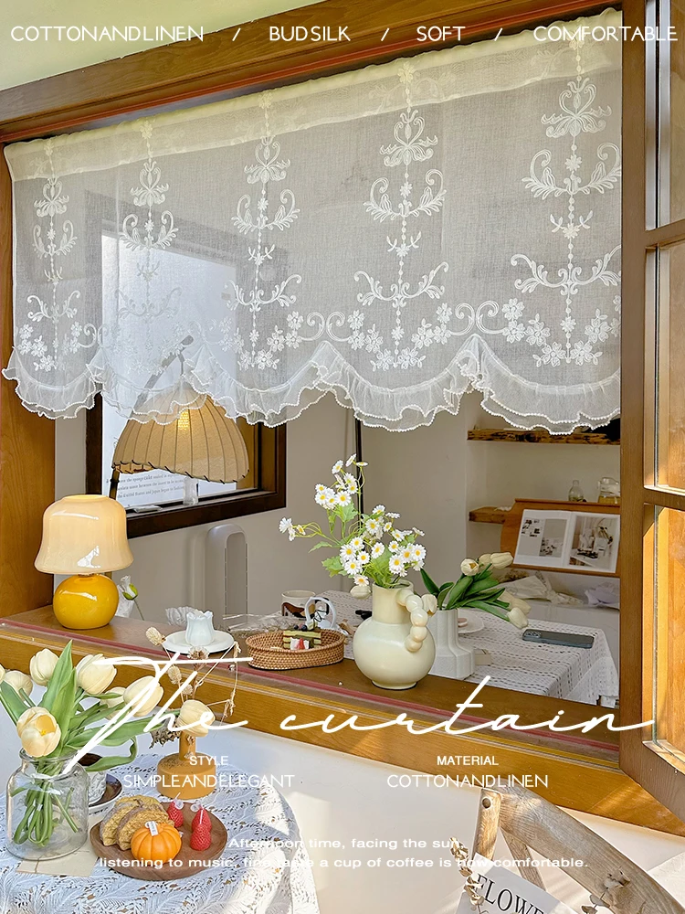 

American European Lace Tulle for Kitchen Bar Coffee Store Study Balcony French White Romantic Embroider Arch Door Gauze Curtain