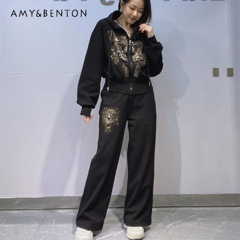 여성용 패션 후드 지퍼 스웨트셔츠 세트, 쿨 후디, 스트레이트 레그 팬츠, 헤비 인더스트리 라인스톤 디자인 스포츠 세트