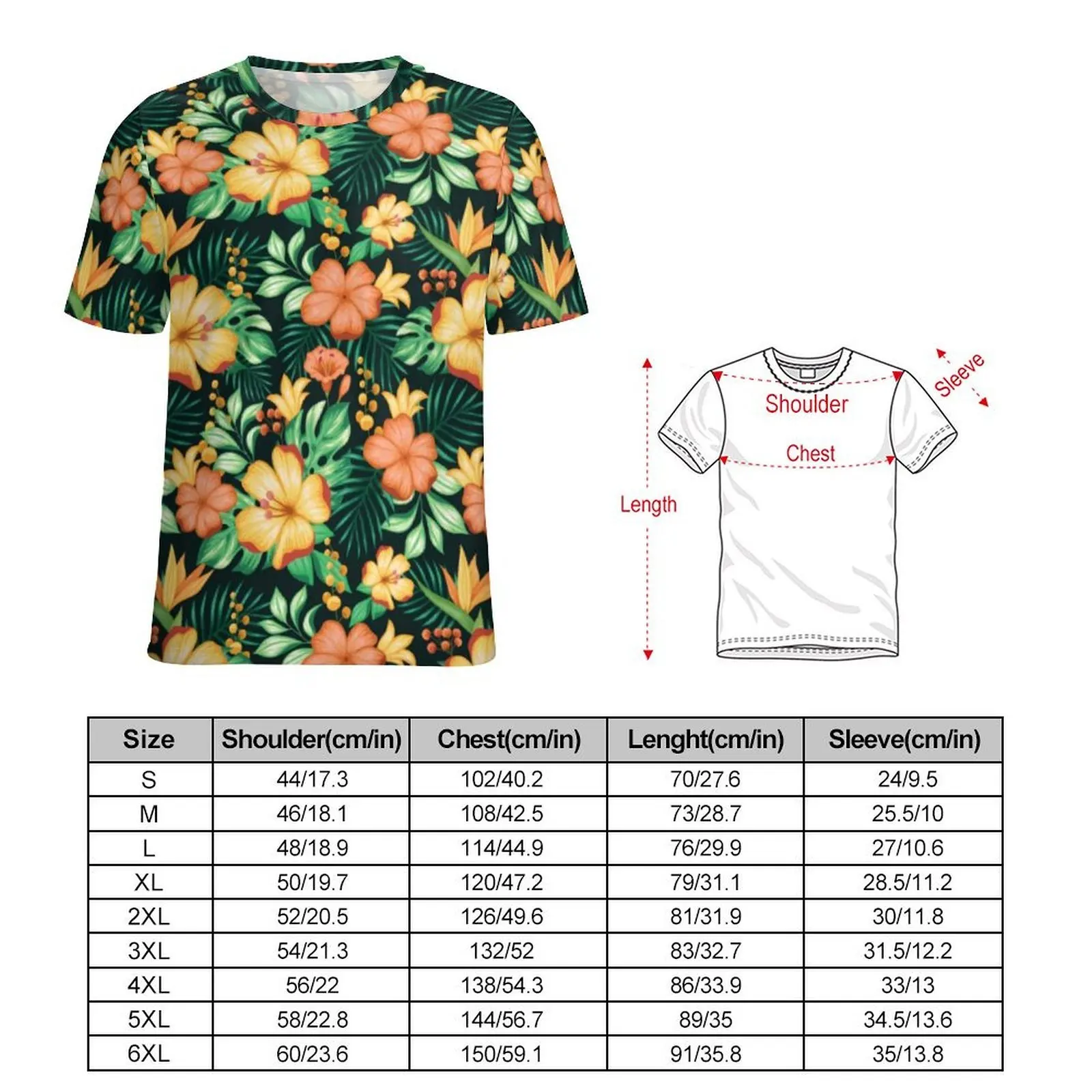 Summer T-Shirt Floral Pattern T Shirts Tropical Orange And Green Flowers Street Style Cool Tees Male Short Sleeve Oversized Tops