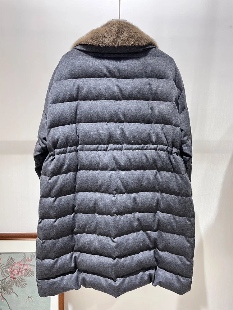 2025 여성 겨울 따뜻한 리얼 밍크 퍼 칼라 구스 다운 재킷 캐시미어 울 재킷 여성 아우터 코트 패딩 재킷