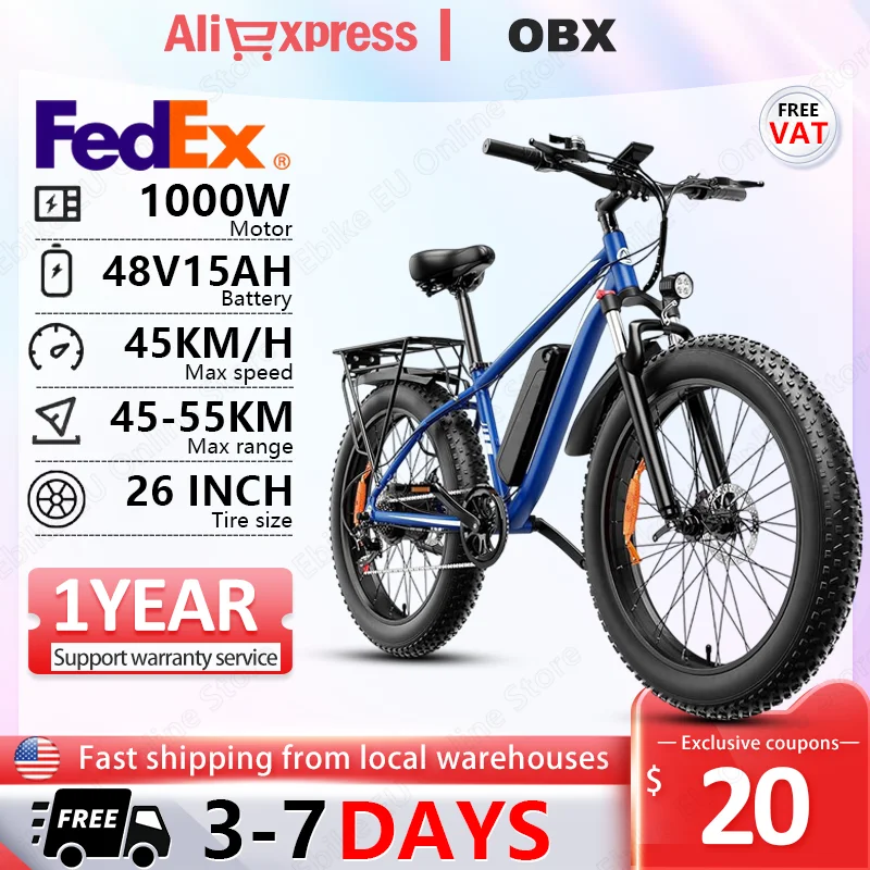 

EBike 1000W Peak Power 48V15AH Battery Electric Bikes Double Shock Absorber 26-inch All-terrain Fat Tire Aldult Electric Bicycle
