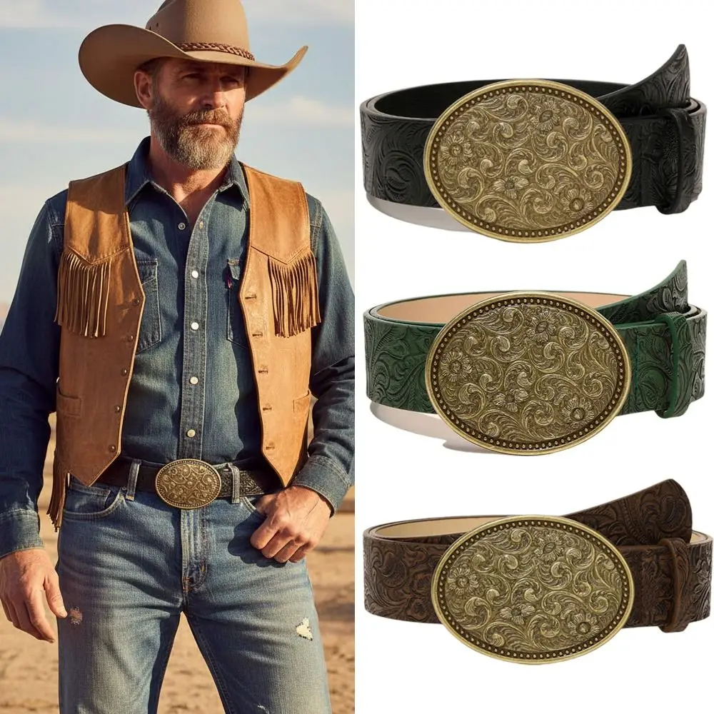 Trendy PU Leather Western Cowboy Belt Retro Vintage Carved Buckle Embossed Belt Punk Rock Y2K Jeans Pants Belt For Man Women