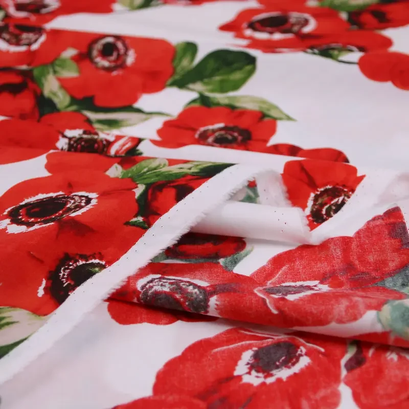 Cotton Spring and Summer High Density Red Peony Printing Clothing Fabric Handmade DIY Strap Dress Shirt Cotton Fabric