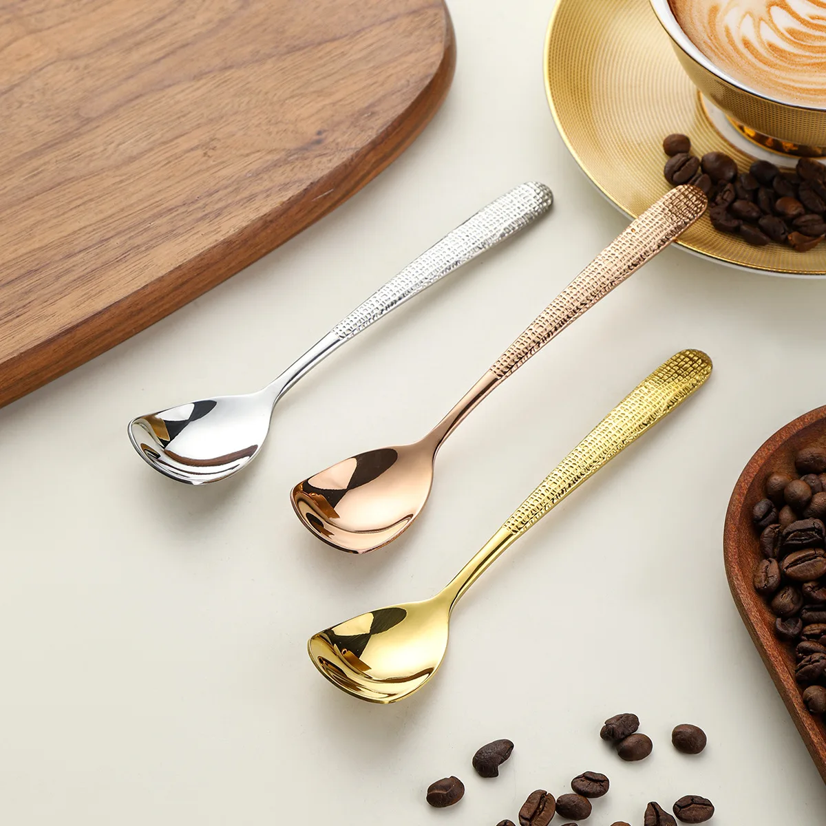 5-Pack Hammer Patterned Square Stainless Steel Coffee Spoon 304 Dessert Ice Cream Spoon Kitchen Dining Utensil