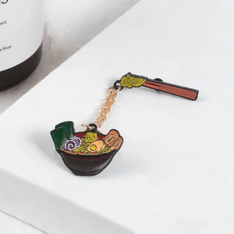 Japanese Porpoise Ramen Enamel Pins Custom Brooches with Chain Bag Lapel Pin for Clothes Badge Creative Food Jewelry for Friends