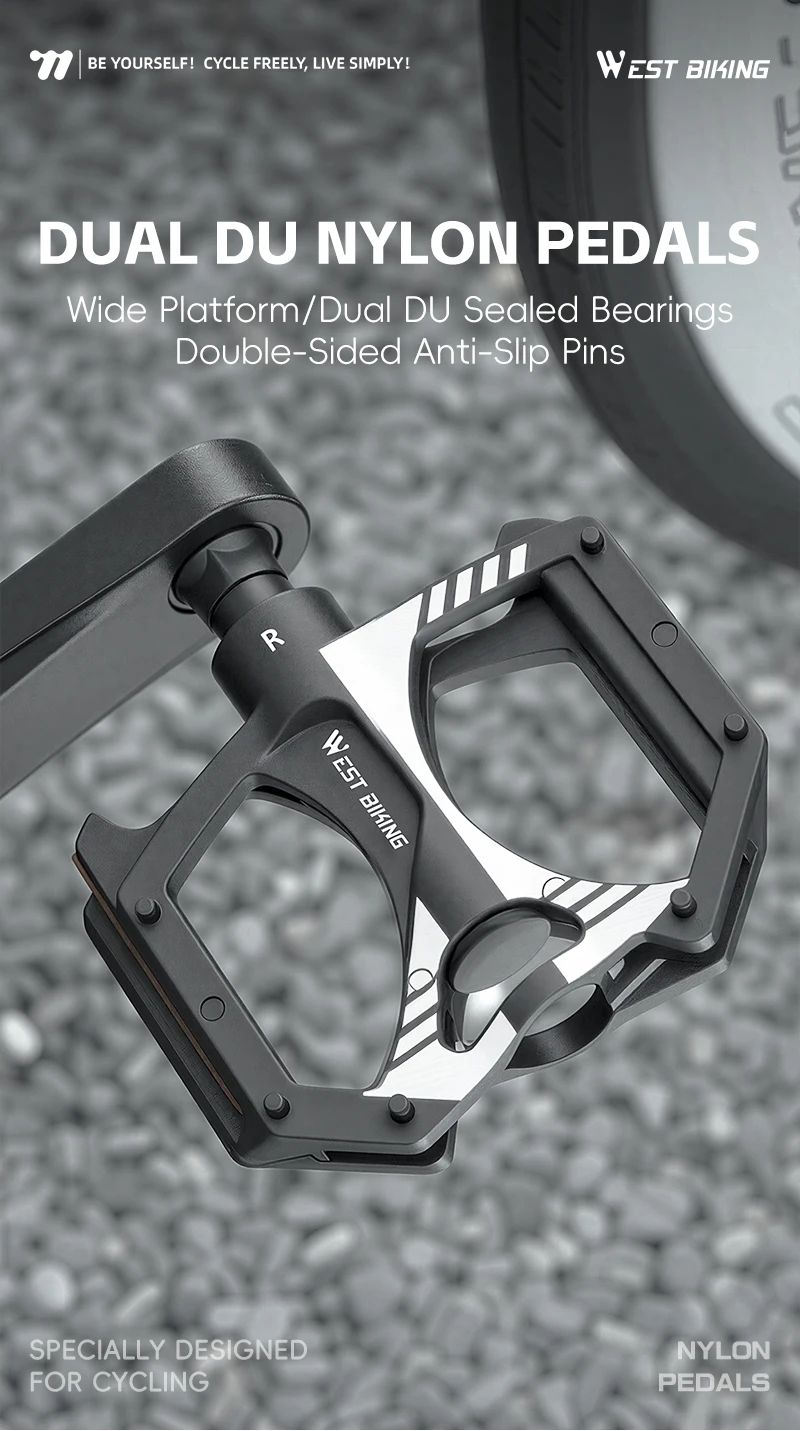 WEST BIKING Flache Fahrradpedale mit doppelten DU-Dichtungslagern, Nylon, ultraleicht, rutschfest, reflektierend, für MTB und Rennräder – Detail 1