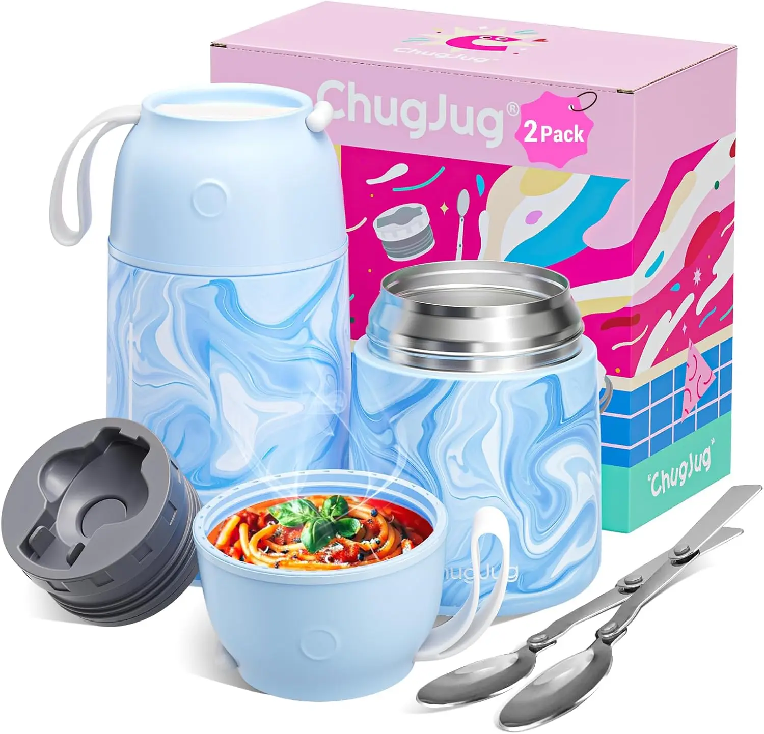 2er-Pack Isolierte Essensbehälter: 26oz & 18oz, Auslaufsichere Edelstahl-Thermosbehälter für Warme Mahlzeiten, Niedliches Design für Schule, Büro, Reisen