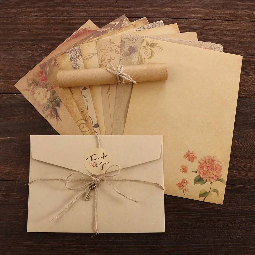 Supplies Flower Desig Kraft Paper Letter Paper with Rope Old Europe Style Envelope Writing Paper Letter Pad Retro Vintage