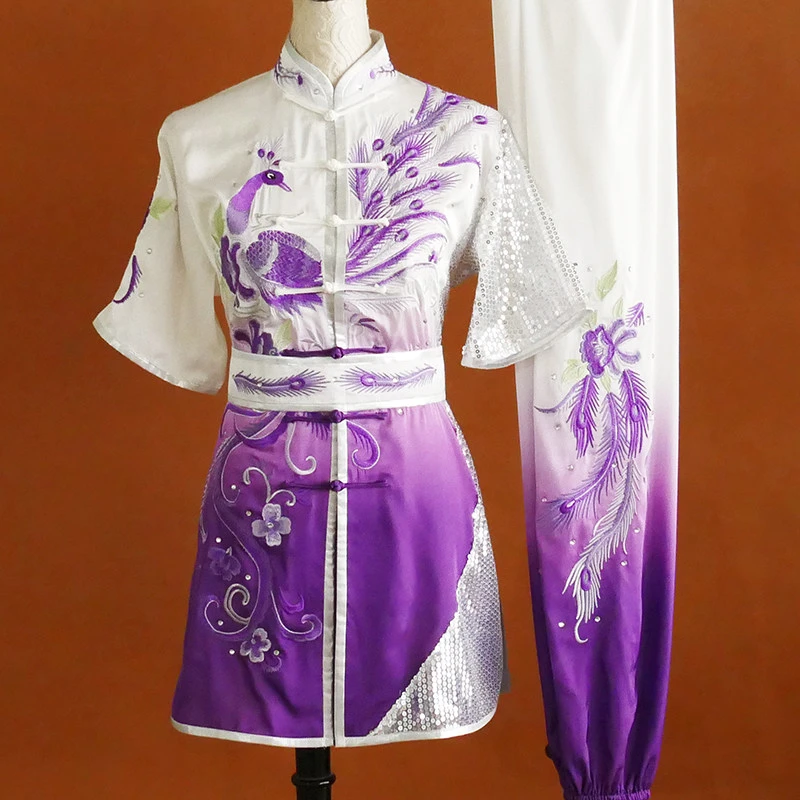 White Purple Gradient Embroidered Phoenix Wushu Uniform Men Women Kung Fu Suit Changquan Nanquan Kids Pro Competition Custom