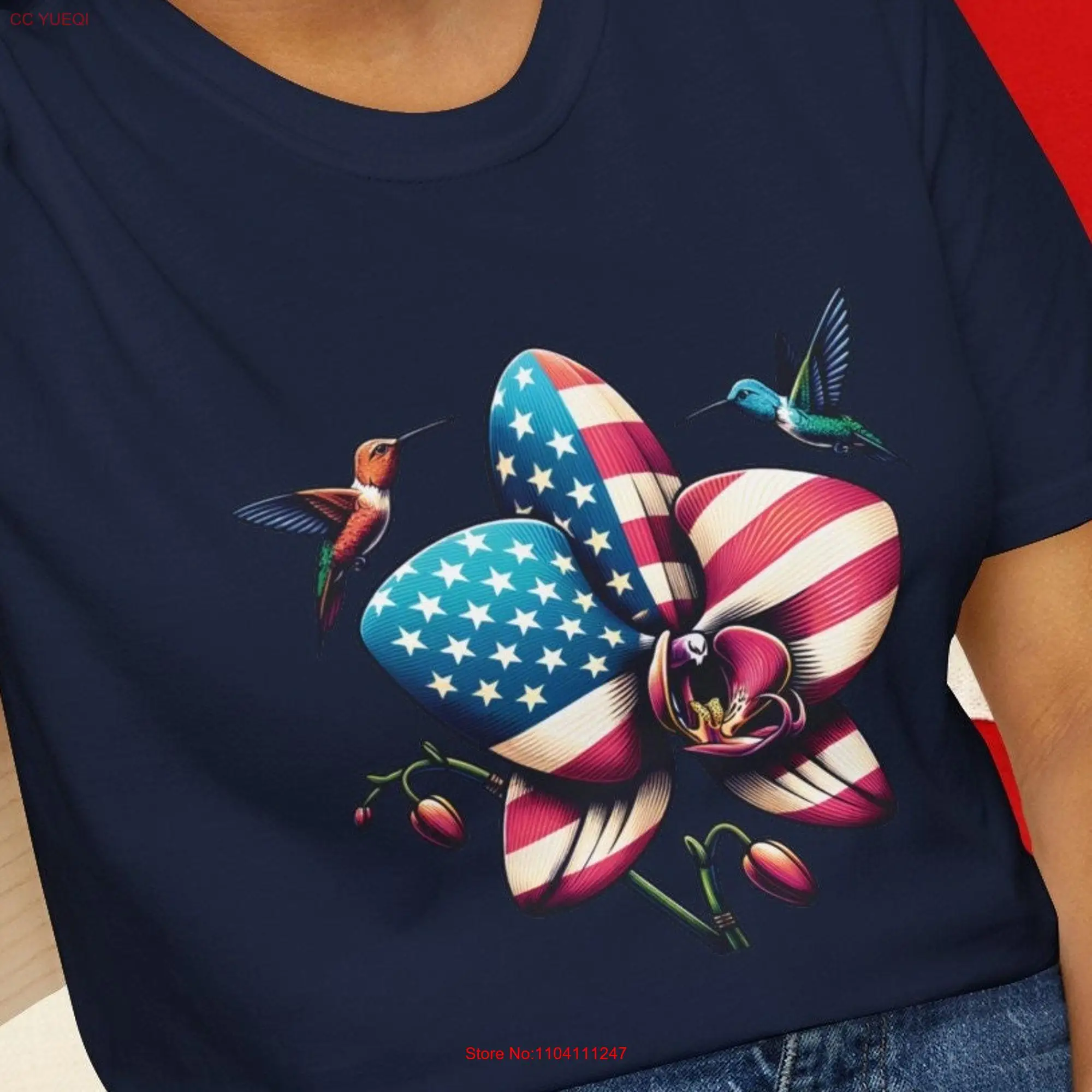 Orchid US Flag Hummingbird Designs of Patriotic T Shirt for July 4th Celebrations long or short sleeves