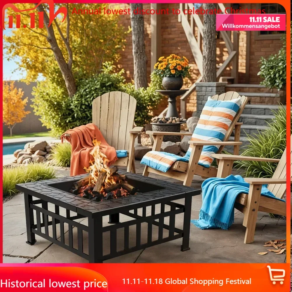 

Multifunctional Patio Fire Pit Table, 32in Square Metal BBQ Firepit Stove Backyard Garden Fireplace with Spark Screen Li