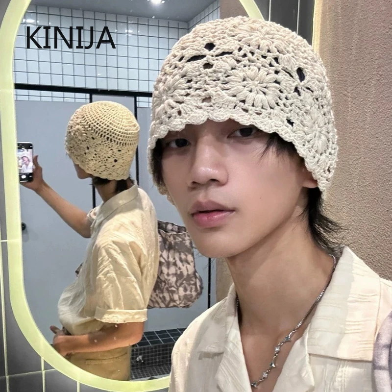Handmade Crochet Hollow Head Japan Knit Cap Spring Summer Retro Casual Turban Fashion Melon Mesh Hat Pullover Hat Breathable