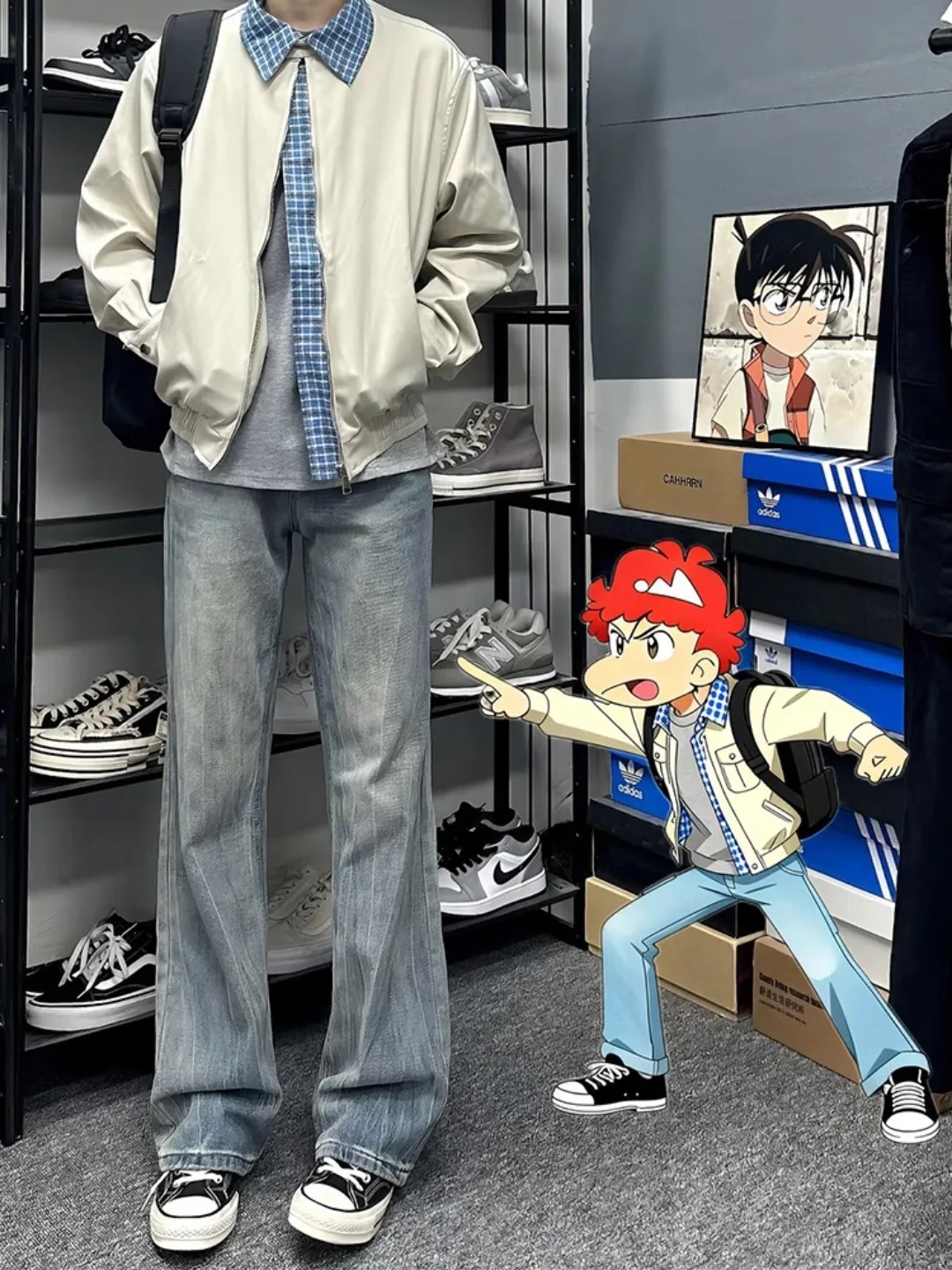 

Pansk Blue Bamboo Texture Men's Jeans Fall Straight Leg Micro Flare Pants American Wide Leg Knife Trousers