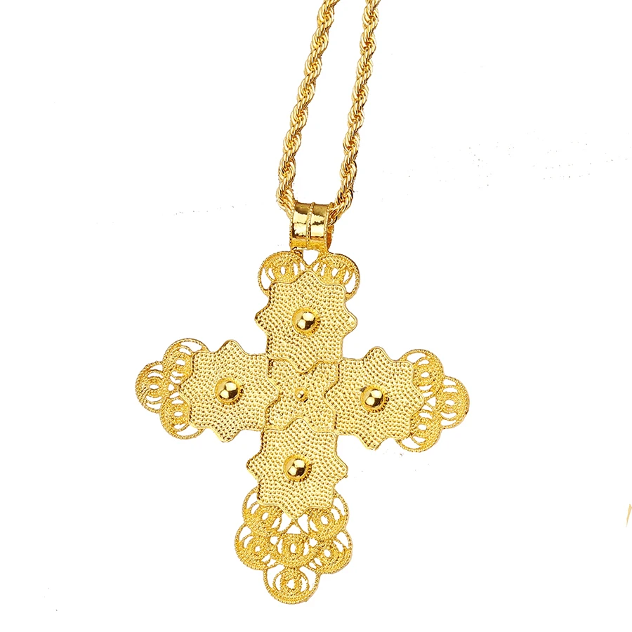 Ethiopian  4pc Golden Cross 80CM Necklace Earrings Rings African Party  Jewelry Set Women Girls Eritrean Habesha Accessories