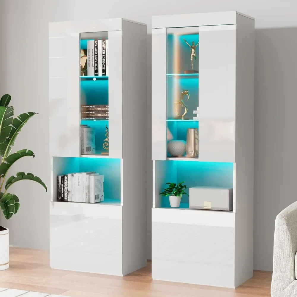 

2 Piece 71in Tall Bookcase Storage Cabinet with Glass Doors, Modern High Gloss LED Bookshelf Display with 5 Tiersfor Living Room