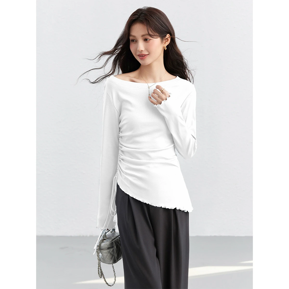 

Женский топ с открытыми плечами VIMLY, весна 2026, новая модная коллекция, однотонный, асимметричный, с драпировкой и завязками, повседневная приталенная футболка с длинным рукавом, модель 30632