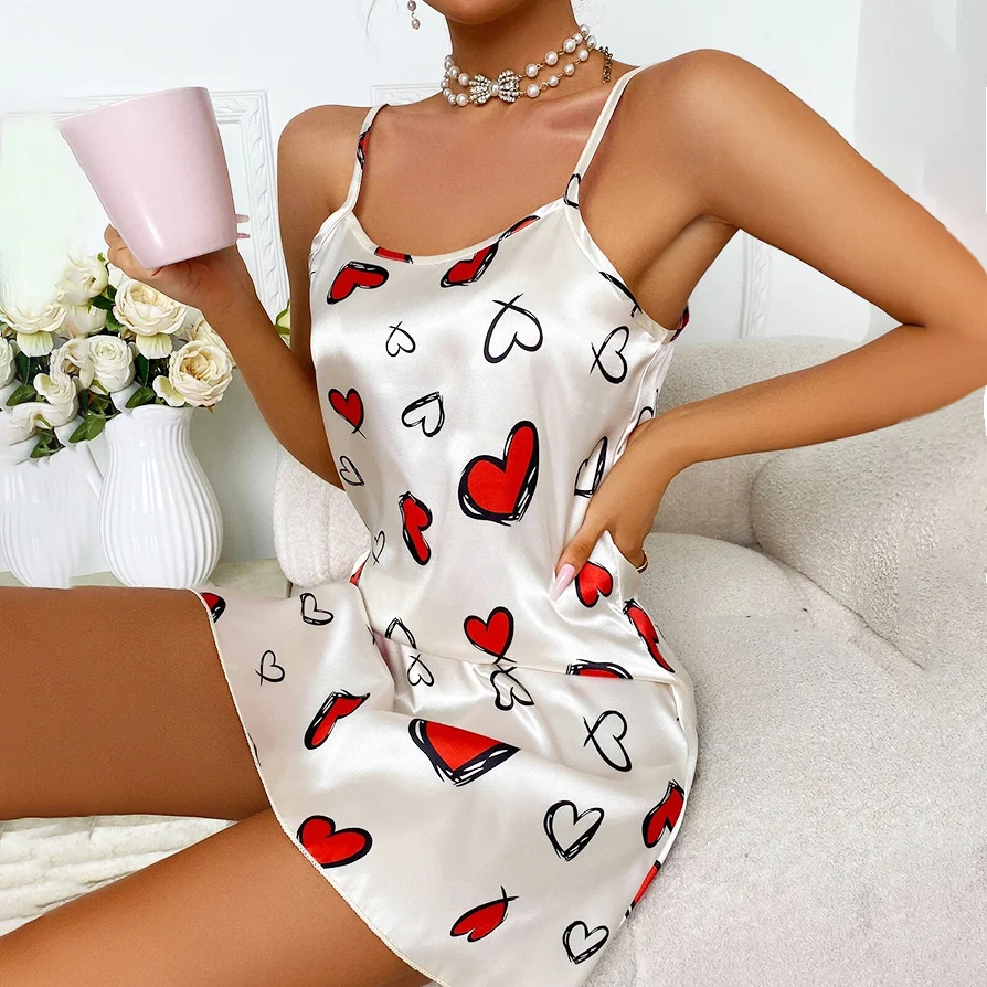 Sexy Pajamas Women\'s Silk Thin Suspender Nightdress Pink Nightgown Nightwear For Woman Home Clothes Sleepwear Ladies Mini Dress