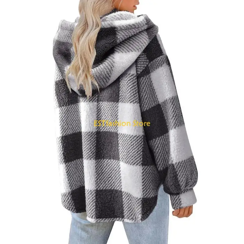 Y5GC Womens Plaid Shacket Long Sleeve Button Down Fleece Hooded Sherpa Lined Flannel Fuzzy Warm Coat