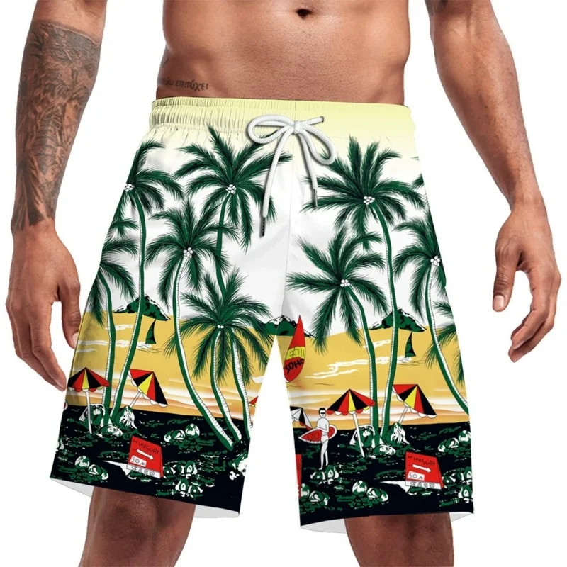 

3D Printed Coconut Trees Umbrella Short Pants For Men Colorful Stripes Beach Shorts Summer Hawaiian Board Shorts Swim Trunks