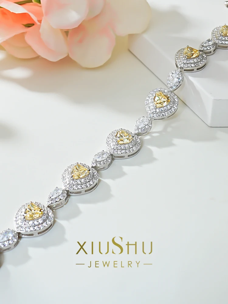 Fashionable and Luxury Artificial Yellow Diamond Heart Inlaid High Carbon Diamond 925 Silver Bracelet Versatile Wedding Jewelry