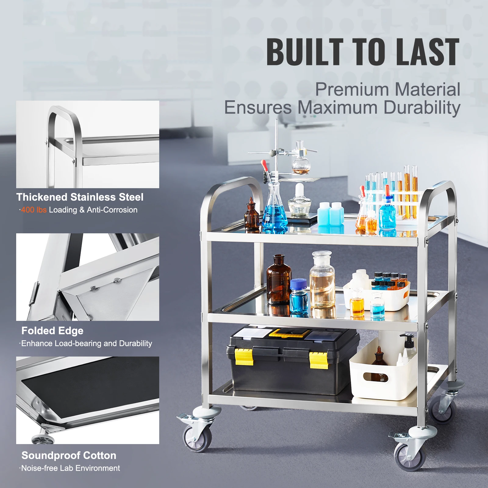 SucceBuy Stainless Steel Cart 3/2/1 Layers Lab Utility Cart Medical Cart w/ Lockable Universal Wheels for Clinic Kitchen Salon
