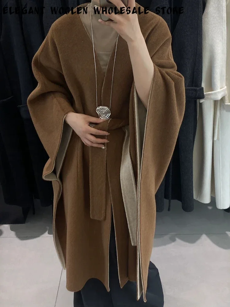 Wool Coat Woman Luxury High Quality Oversized Double Face Women's Outerwear Belted Wrap Ultra Warm Thick Winter for Evening Wear