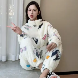 Sanrioed Cartoon Kuromi Pochacco Kawaii Women Plush Pajamas Set Anime Coral Fleece Zipper Homewear Thicken Girls Cute Nightgown