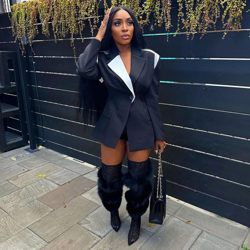 

M3206 Women's Fashion Black-Tone Elegant Suit Jacket with Contrast Collar, Single Button Design, Sexy Deep V-neck Suit Jacket