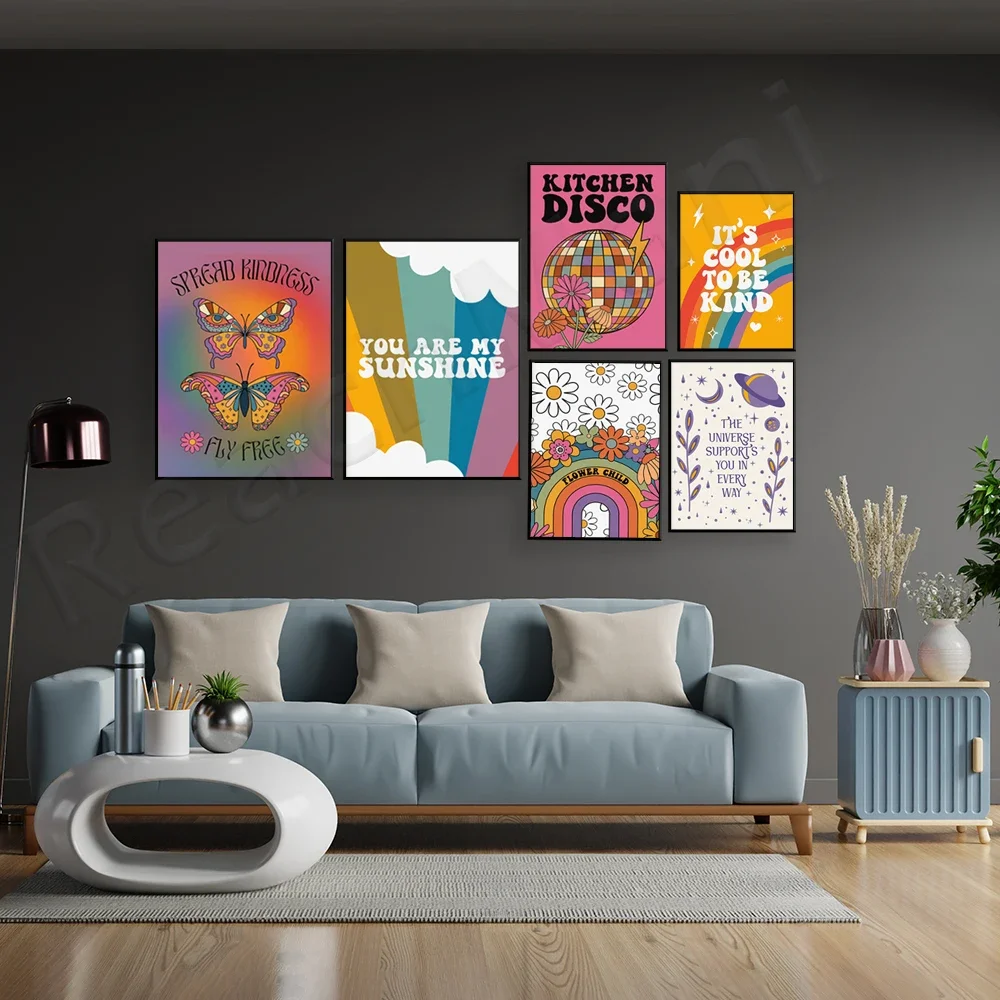 Colorful retro children's prints, flowers, rainbow, disco, funky bright bold and interesting, hippie, music lyrics, disco party
