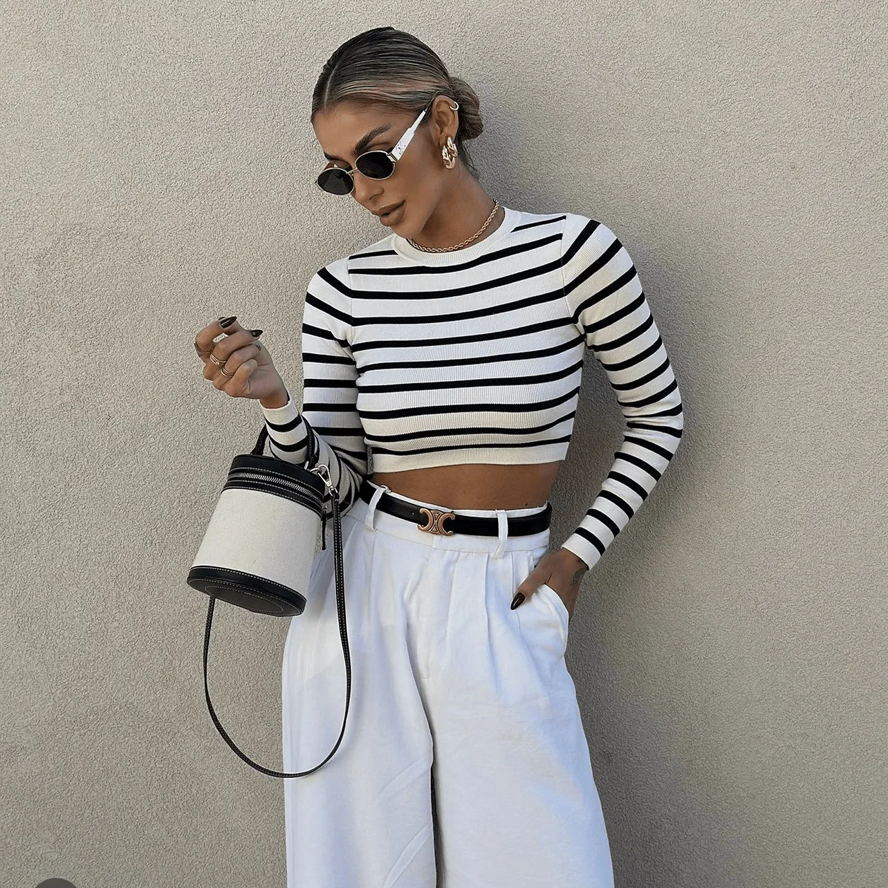 Casual Striped Sweater For Women Autumn Winter O Neck Slim Fit Knitted Long Sleeve Crop Tops Fashion Streetwear Base Pullovers