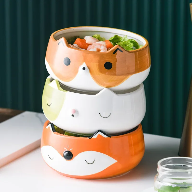 

Hand Painted Fox Cat Dog Bowls Cute Animal Bowl for Salad Fruit Noodle Rice Soup Creative Underglaze Ceramic Children Tableware