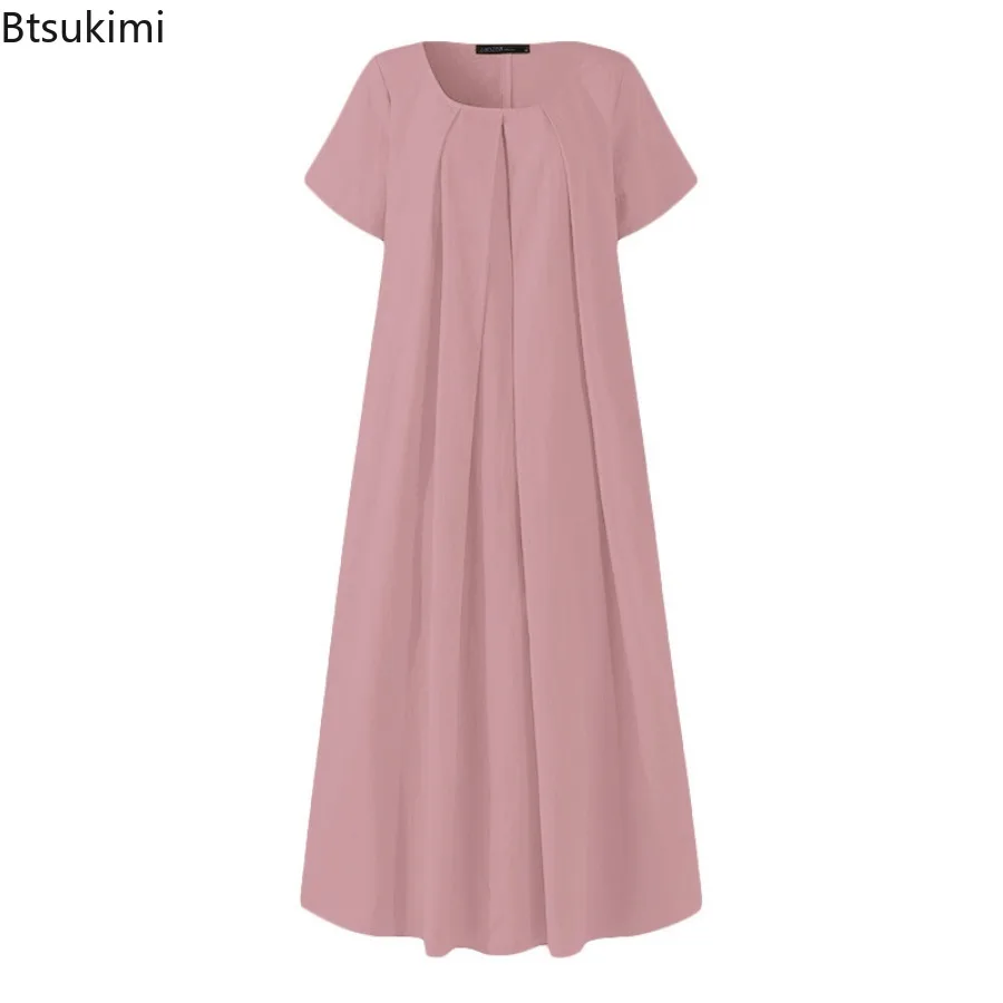 2024 Summer Pleated Temperament Casual Long Dress Women's Solid Cotton Linen Loose Short-sleeved Dresses Women Maxi Dress S-5XL