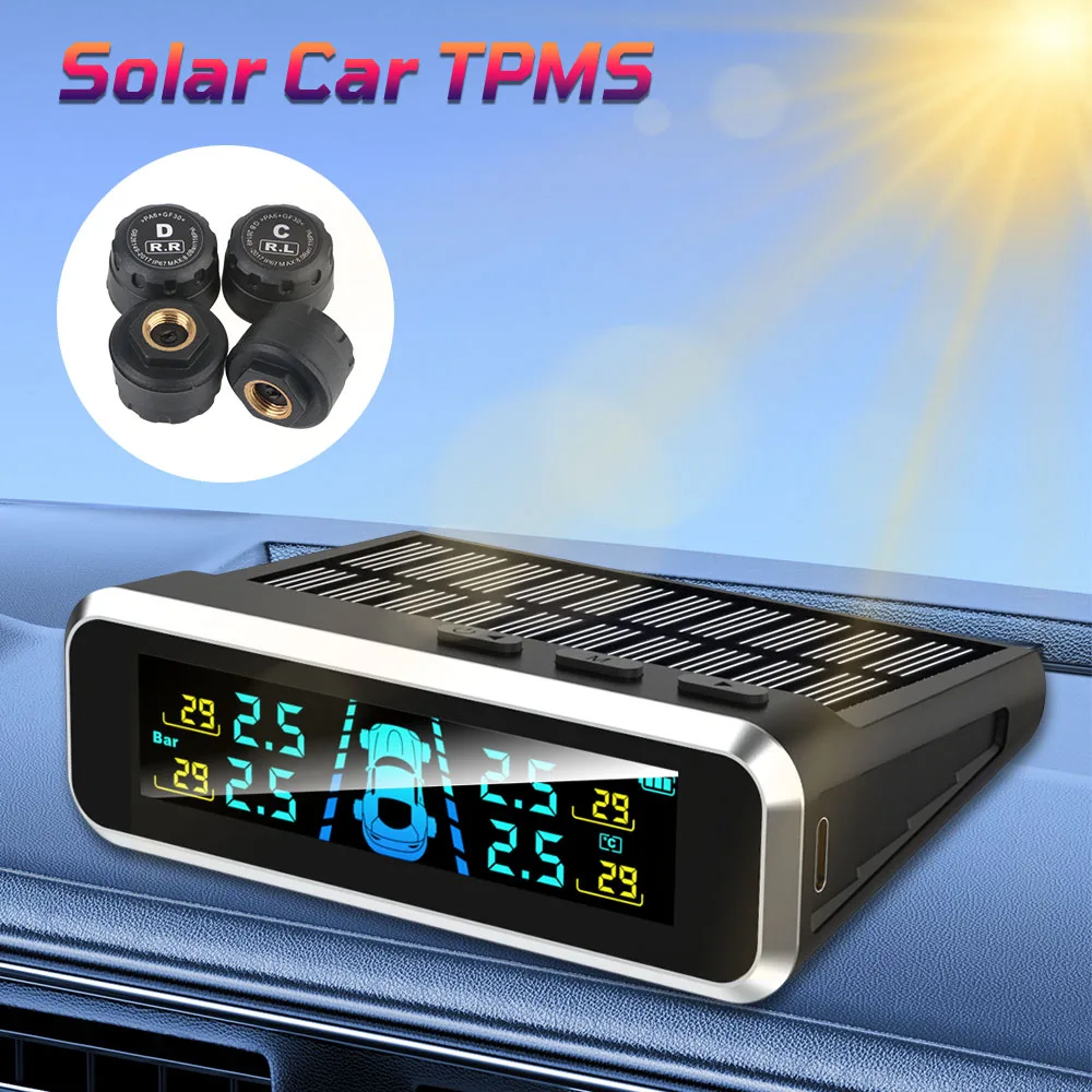 USB / Solar TPMS 0-6.0Bar 4 Exteral Sensors Car Tire Pressure Monitoring System Digital LCD Display Auto Security Alarm Systems