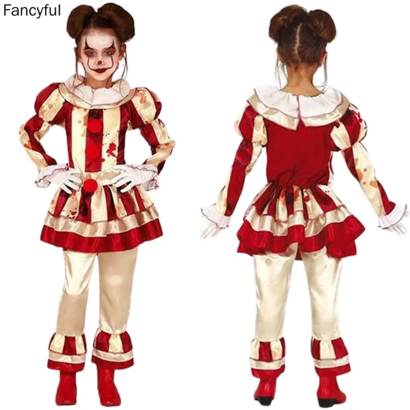 Kids Cosplay Meisjes Joker Cosplay Jurk Horror Clown Kraag Kostuum Volledige Set Voor Halloween Carvinal Party Kostuums Fancy