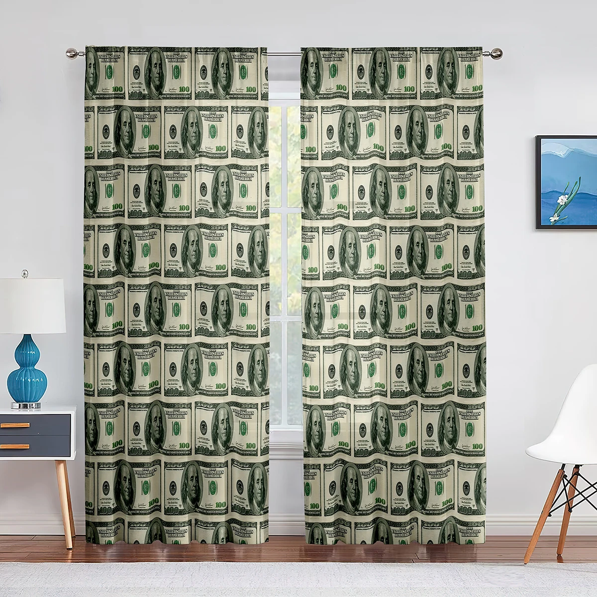 Money Sheer Voile Curtain Benjamin Franklin 100 Dollar Bill Tulle Window  Curtains for Bedroom Living Room Kitchen Decor Drapes