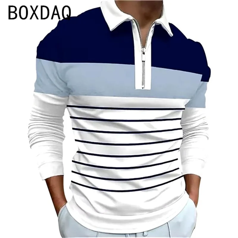 Men Fashion Simple Stripe Print Polo Shirt Long Sleeve Lapel Golf Polo T-Shirt Plus Size 6XL Men Outdoor Sport Casual Polo Shirt - Image 3