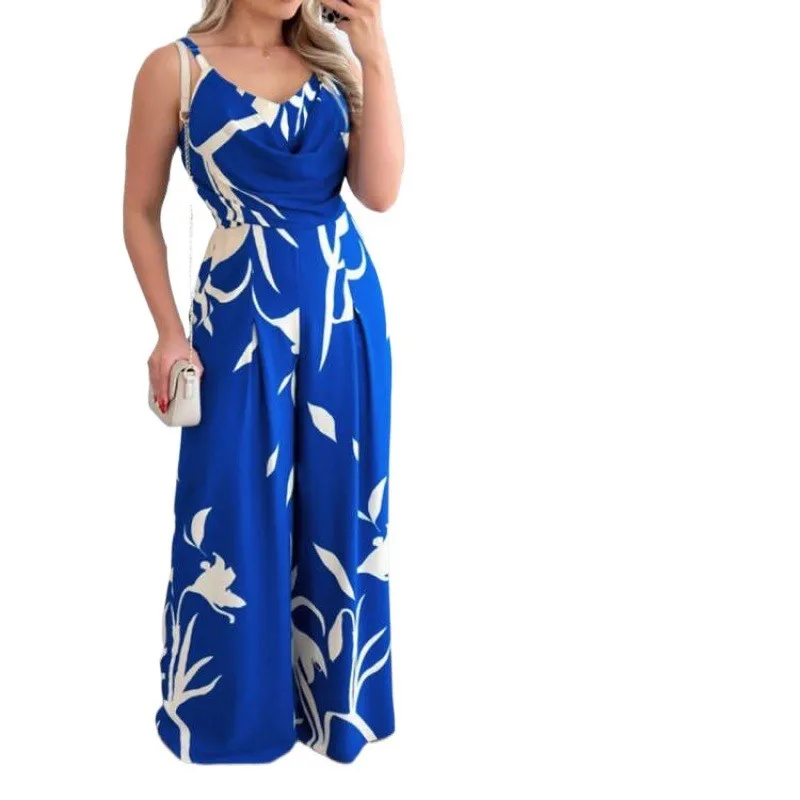 Ladies' Temperament Wide Leg Jumpsuit High Waisted Printed Sling Sleeved 2024 New Women's Temperament V-neck Cinched Jumpsuit.