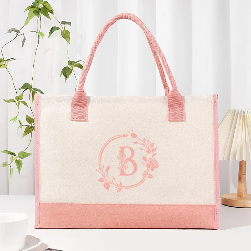 Bolsa de lona feminina, letra impressa em folha, grande capacidade, um ombro, bolsa de praia casual, interior impermeável, lona elegante