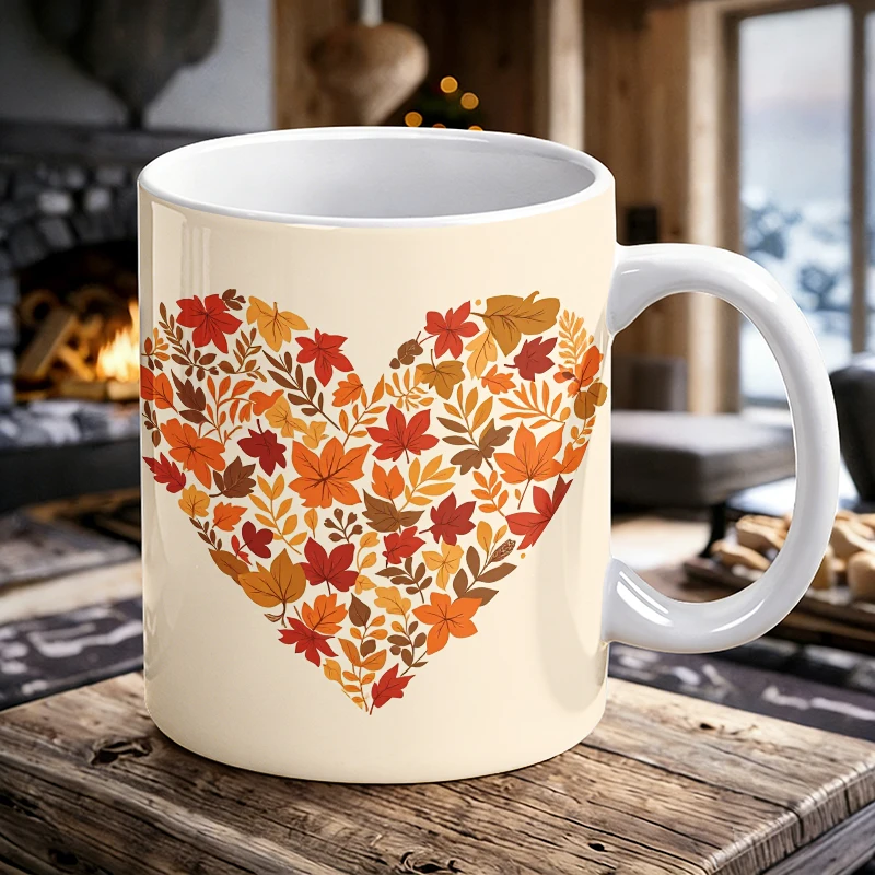 

11 oz maple leaf heart-shaped handle ceramic mug, full-pattern coffee cup, insulated milk cup, office water cup, fade-resistant