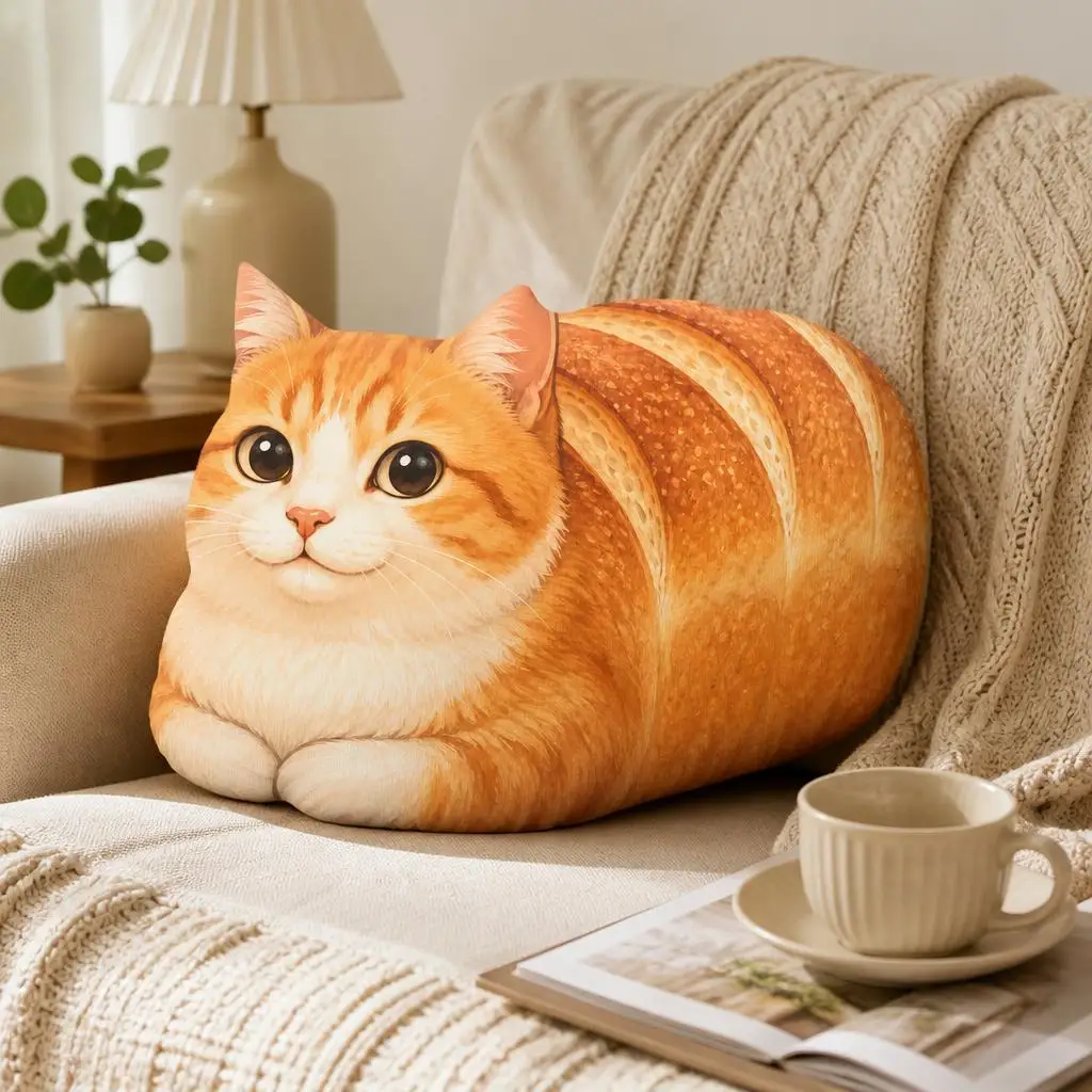 Orange Tabby Cat Bread Loaf Shaped Throw Pillow Cute Cat Lover Stuffed Cushion Decorative Pillow for Sofa Home Decor Gift