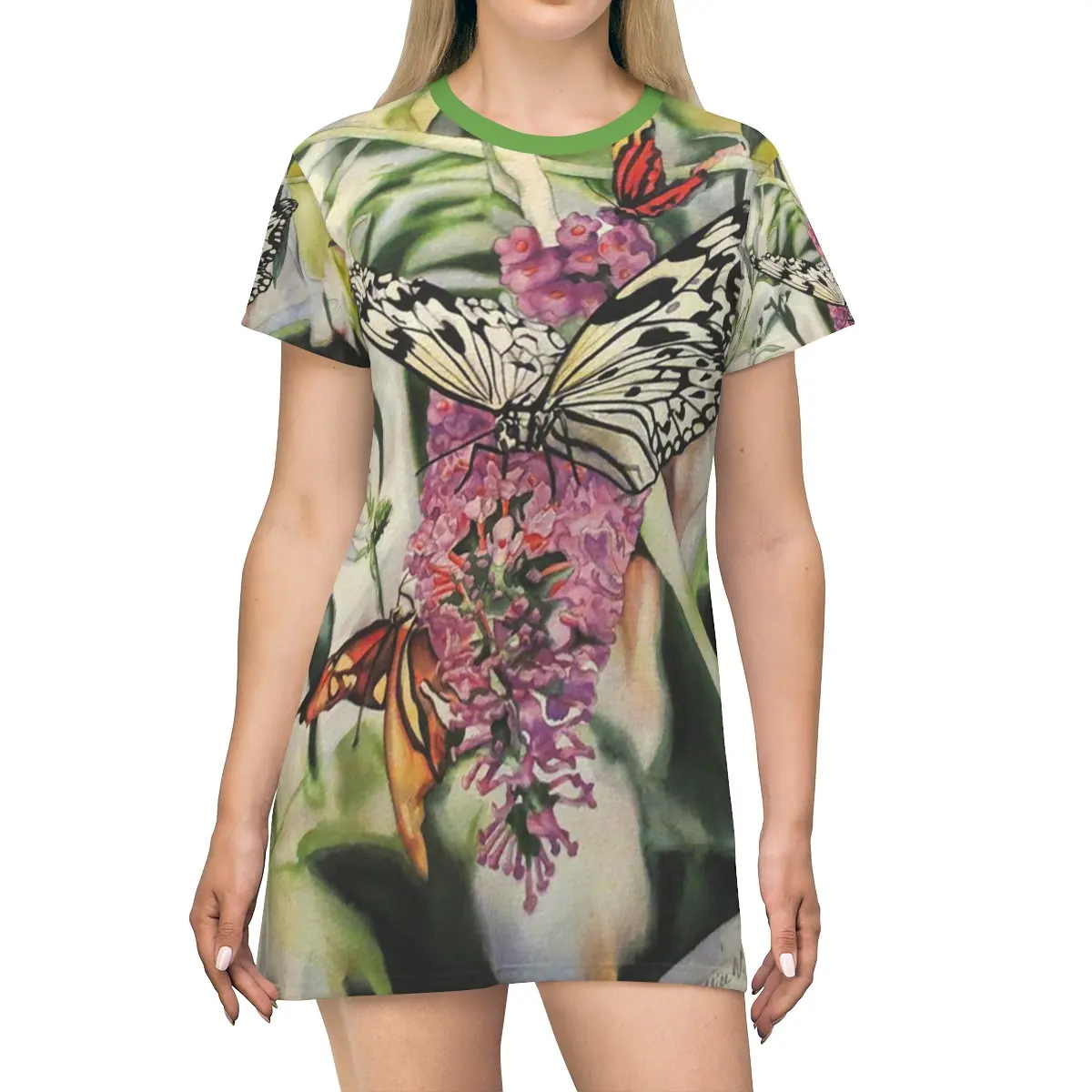 Schmetterling Garten Print Kleid Grün Kurzarm Mädchen Kleid Hawaii Reise Urlaub Kleid Y2K Weibliche Kleidung Mädchen Kleidung