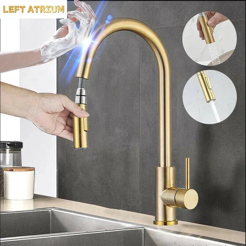 Brushed Gold Touch Kitchen Faucet Stainless Steel Mixer Tap Smart Hot Cold Water Sink Faucet High Quality Modern Kitchen Fixture