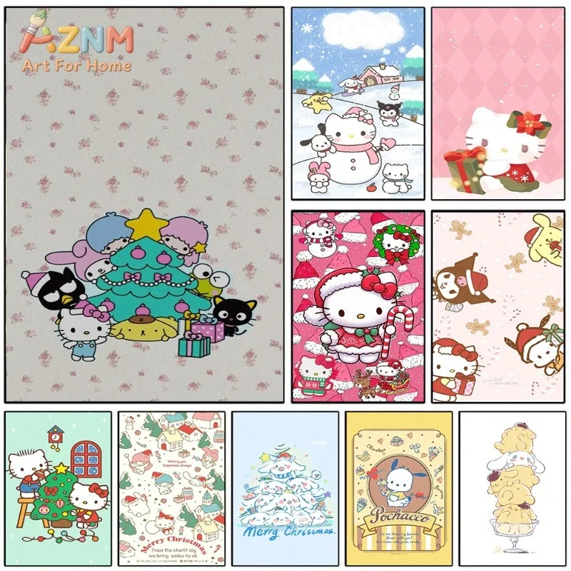 Sanrio Characters Gather Around Green Christmas Tree Cute Cartoon Canvas Wall Art Unframed Canvas Poster Print for Kids Bedroom