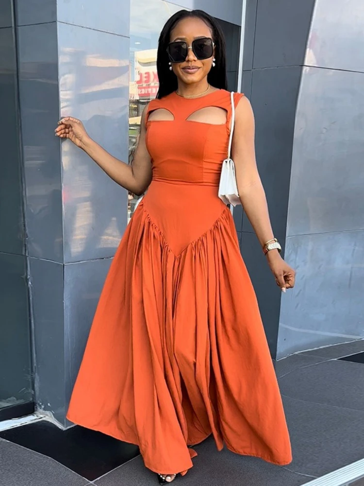 فساتين AOMEI أنيقة برقبة دائرية وأحمر برتقالي بقصة ضيقة للنساء لصيف 2025 على شكل حرف A بطول الأرض فستان إمبراطوري بدون أكمام #1