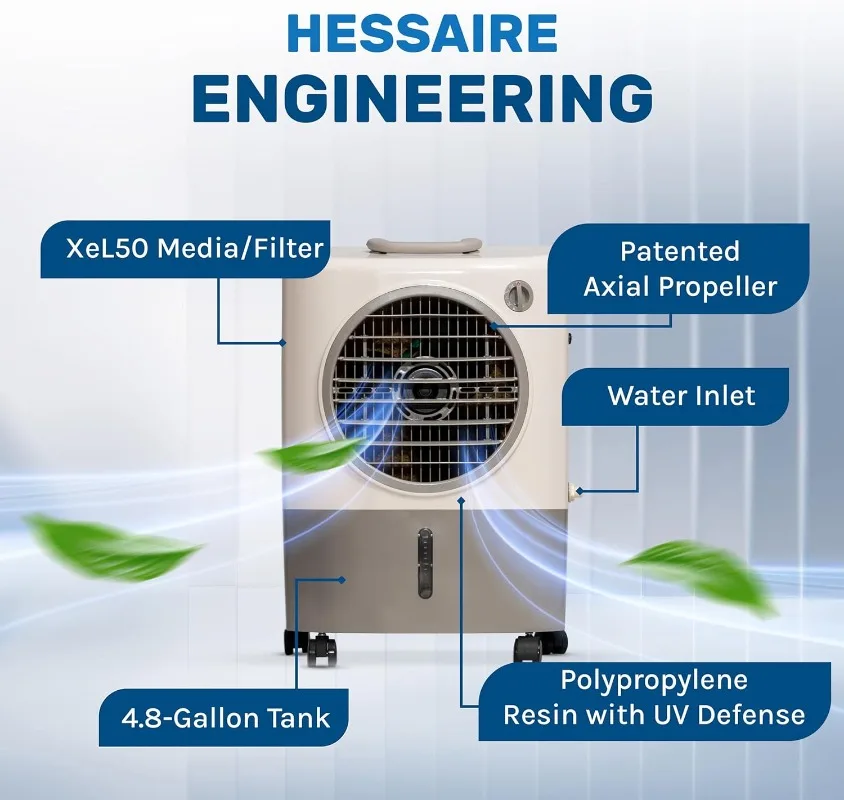 Переносные болотные охладители Hessaire, Испарительный воздухоохладитель 1300 куб/мин, 53,4 дБ, Покрытие 500 кв. Футов, высокоскоростной уличный охлаждающий вентилятор