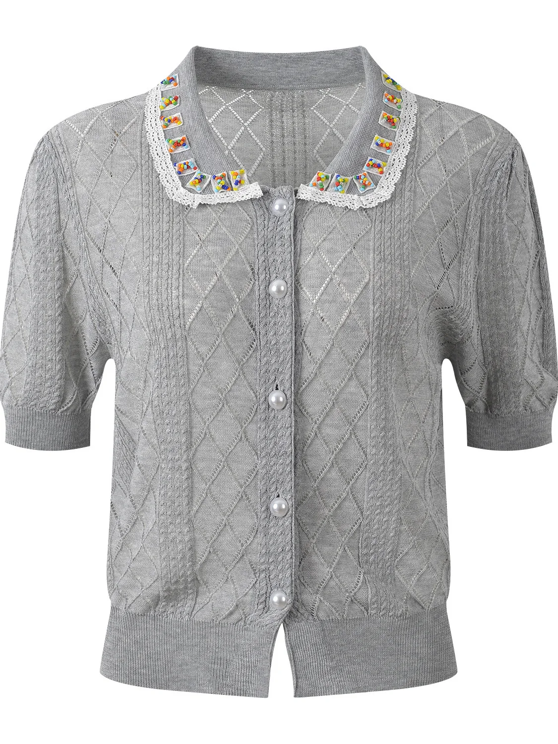 

High-End European Style Short Sleeve Knitted Cardigan Fashionable Beaded Turn-down Collar Length Women's Top