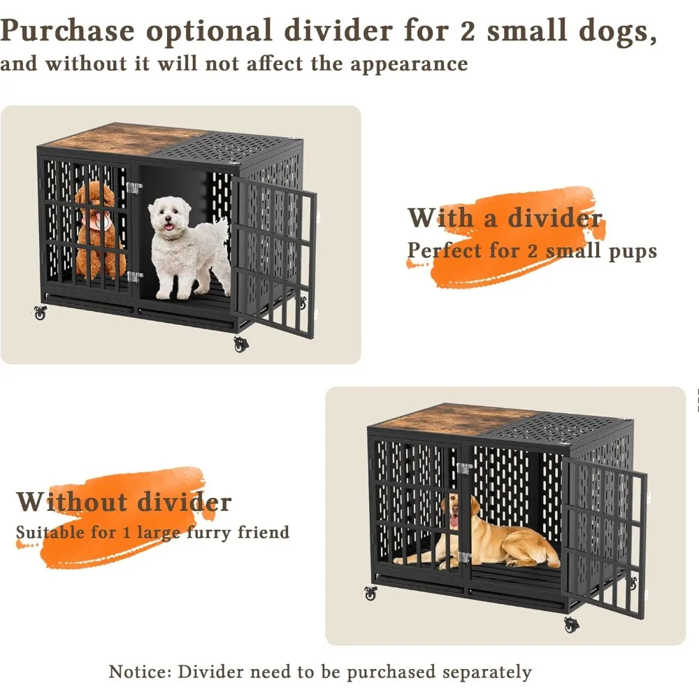 42inch Heavy Duty Dog Crate Compatible with Optional Divider, Large Kennel for High Anxiety Dogs, Indestructible Pet Cage Indoor