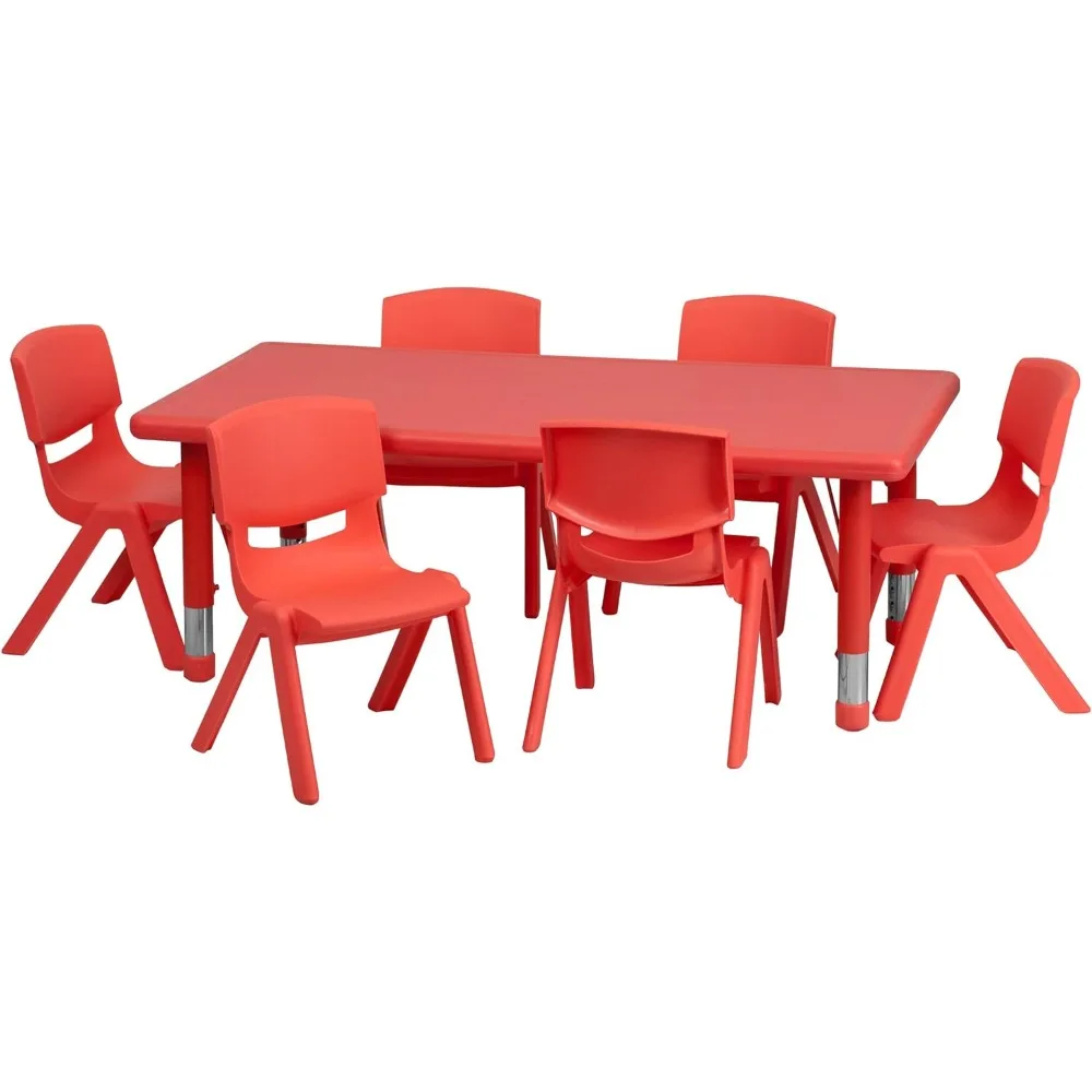 24\'\'W x 48\'\'L Rectangular Red Plastic Height Adjustable Activity Table Set with 6 Chairs