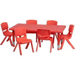 24''W x 48''L Rectangular Red Plastic Height Adjustable Activity Table Set with 6 Chairs