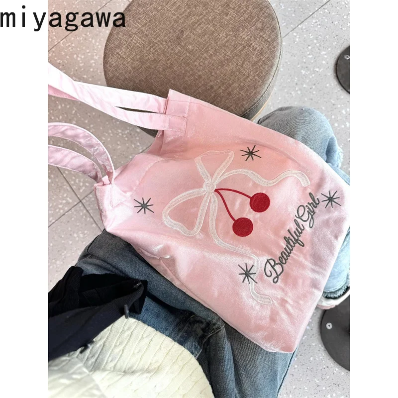 Miyagawa Korean Style Pink Canvas Bags for Girls Cute Cherry Bow Embroidered Single Shoulder Bag 2024 Summer Handbag